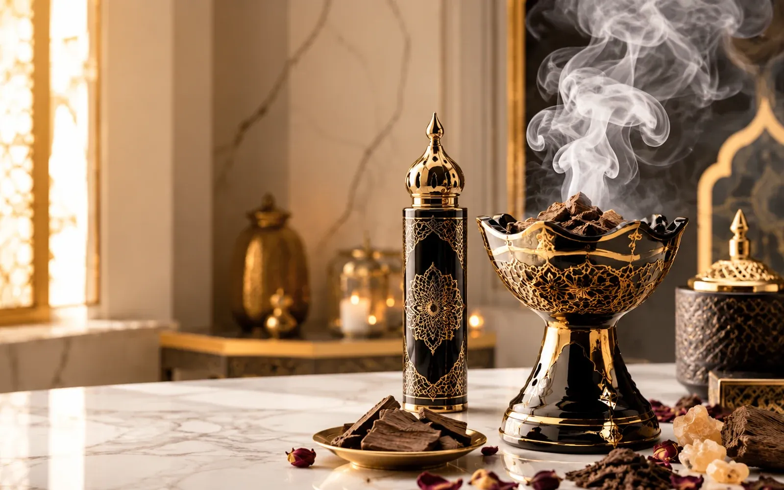 Mabkhara árabe de cerámica negra y dorada quemando bakhoor con humo aromático, junto a un frasco de perfume oriental y astillas de oud sobre mármol blanco