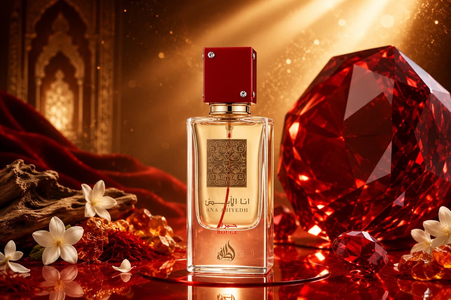 Frasco de Ana Abiyedh Rouge de Lattafa, el clon árabe de Baccarat Rouge 540, con azafrán, jazmín y madera de agar en una ambientación dorada y roja de perfumería árabe de lujo