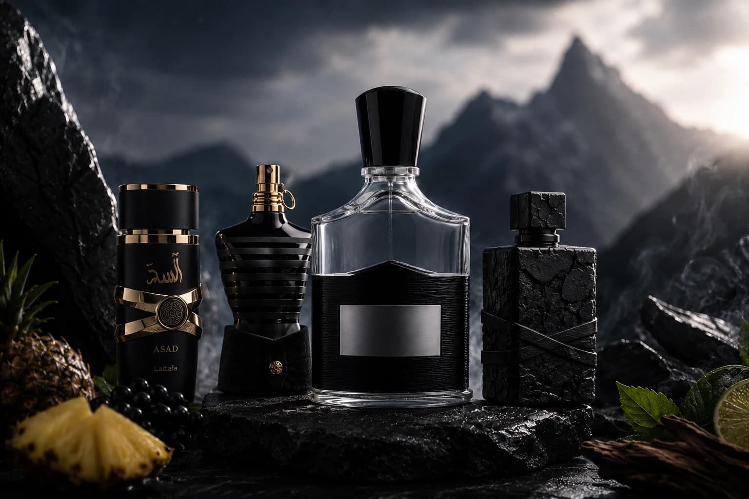 Asad de Lattafa junto a otros frascos de perfume oscuros sin marca en una ambientación de montaña nocturna, con piña, uvas y cítricos