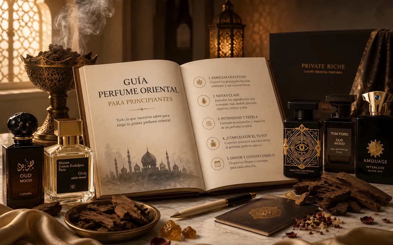 Libro abierto «Guía de perfume oriental para principiantes» con los cinco pasos para elegir tu primer perfume árabe, rodeado de frascos de oud, un quemador de bakhoor y una caja de Private Riche