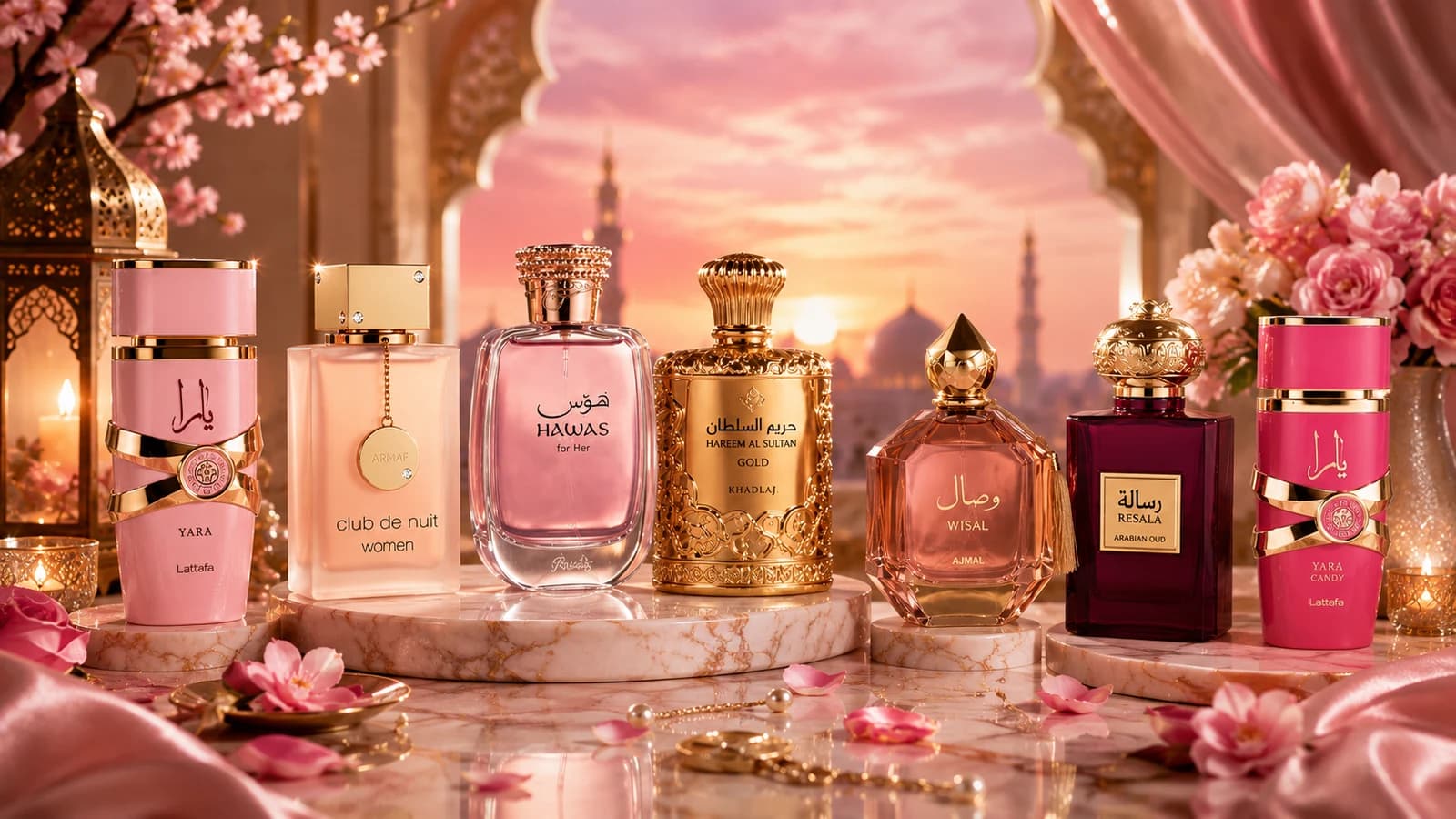 Los mejores perfumes árabes para mujer en 2026: Lattafa Yara, Armaf Club de Nuit Women, Rasasi Hawas for Her, Khadlaj Hareem Al Sultan Gold, Ajmal Wisal, Arabian Oud Resala y Lattafa Yara Candy sobre mesa de mármol con rosas, ante un arco árabe al atardecer