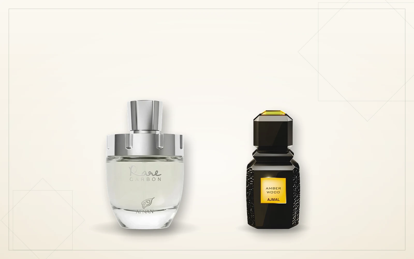 Afnan Rare Carbon y Ajmal Amber Wood, dos perfumes árabes amaderados unisex sobre fondo crema editorial