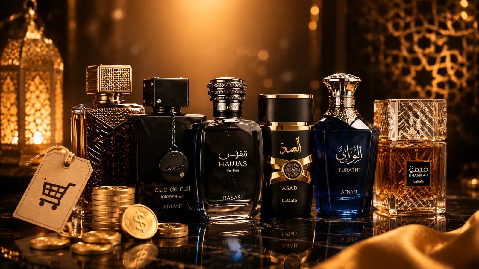 Perfumes árabes baratos que huelen caros: Club de Nuit Intense Man, Hawas, Asad, Turathi y Khamrah, con etiqueta de precio y monedas, sobre ambientación árabe dorada