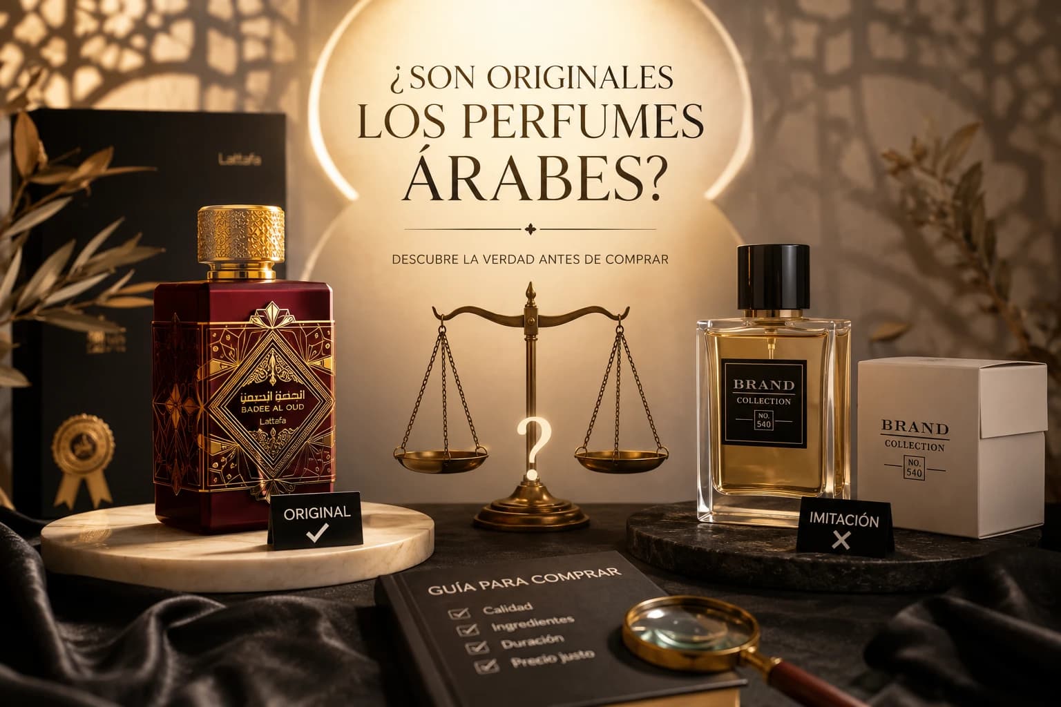 ¿Son originales los perfumes árabes? Comparativa visual entre un frasco original de Lattafa Badee Al Oud y una imitación genérica, con una balanza y una guía de compra para distinguirlos