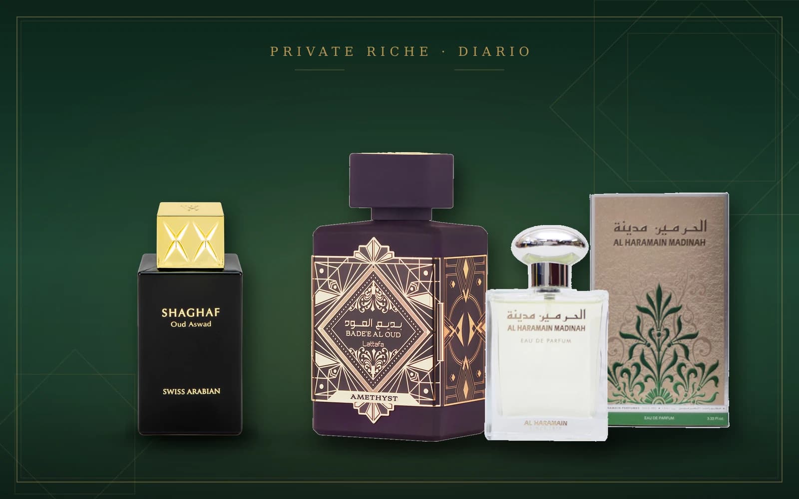 Los mejores perfumes árabes de rosa en 2026: Swiss Arabian Shaghaf Oud Aswad, Lattafa Bade'e Al Oud Amethyst y Al Haramain Madinah, con rosa de Taif, oud y ámbar, ante un fondo verde y dorado de perfumería árabe