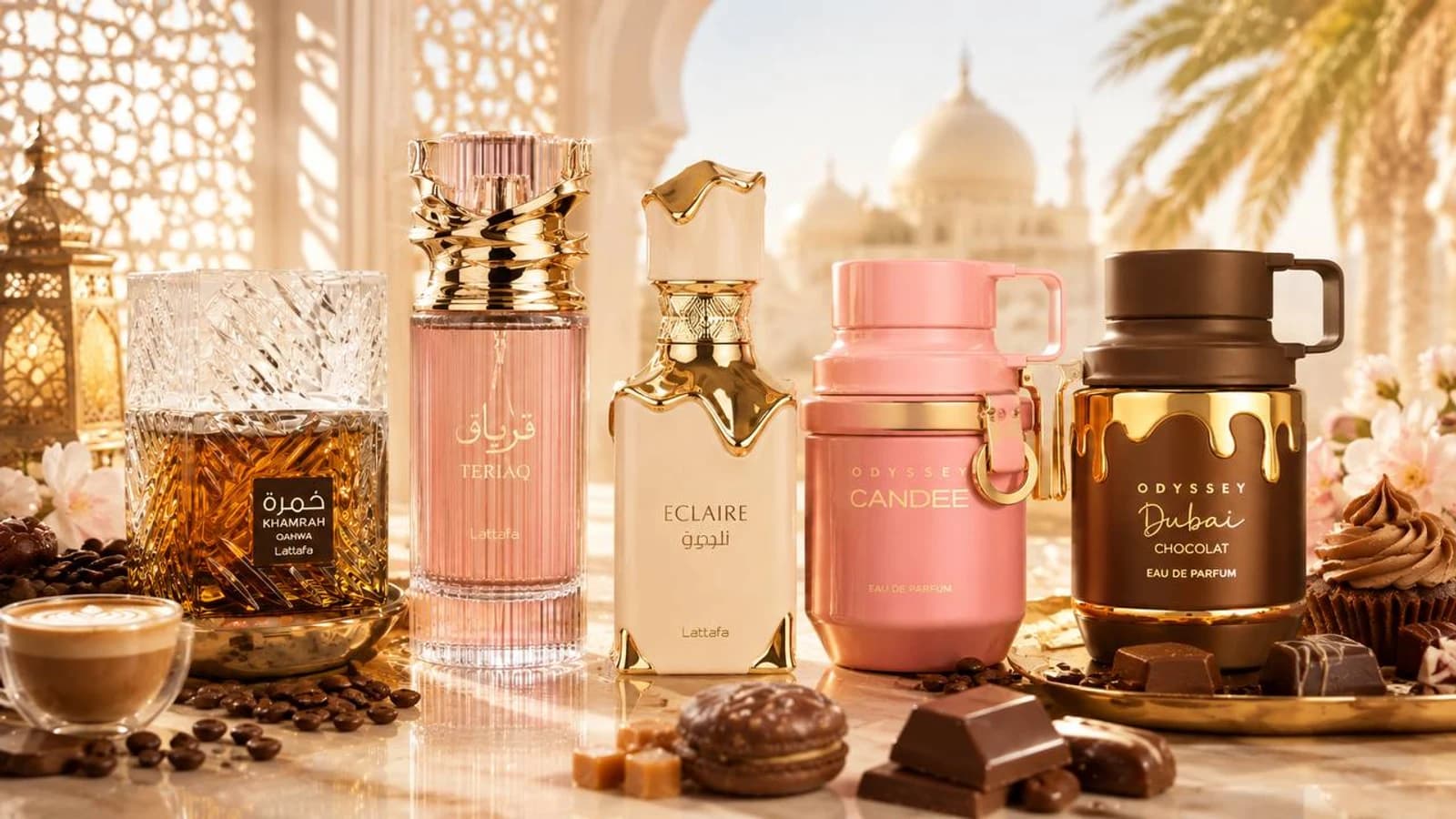 Tres perfumes árabes dulces —Eclaire, Khamrah Qahwa y Teriaq— sobre fondo verde de marca con motivo de estrella dorada, en una composición editorial de Private Riche