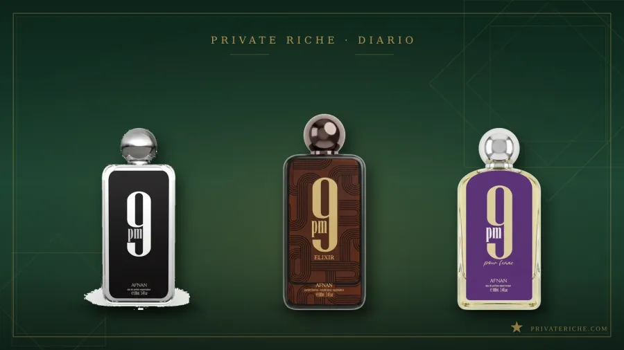 Afnan 9PM, 9PM Elixir y 9PM Pour Femme, tres de los cinco perfumes de la línea 9PM de Afnan, en un ambiente de perfumería árabe de lujo