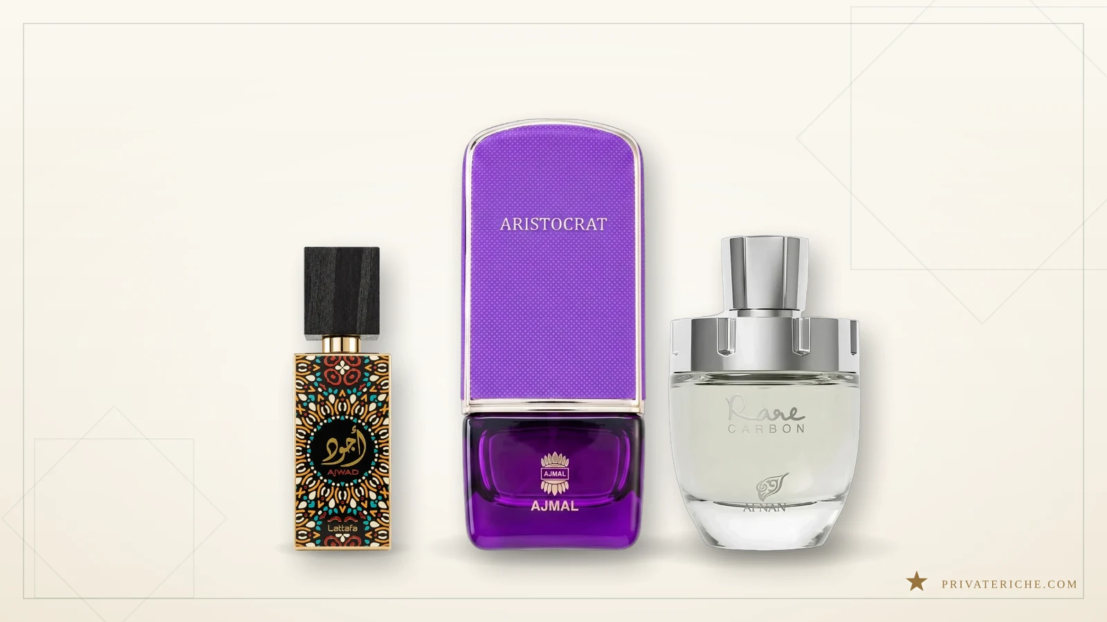 Ajwad de Lattafa, Aristocrat de Ajmal y Rare Carbon de Afnan, las tres alternativas comparadas, sobre fondo crema editorial