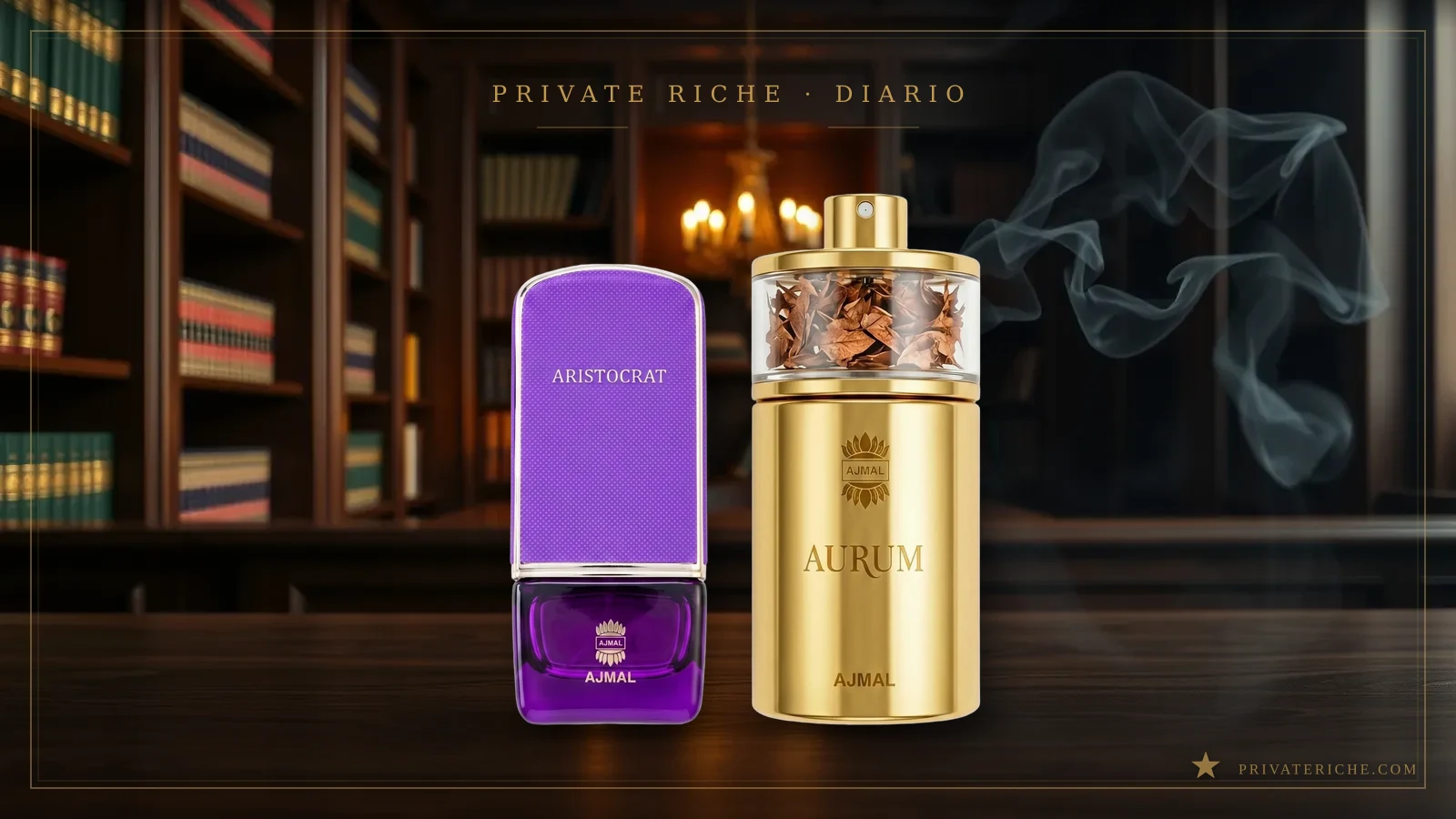 El frasco de Aristocrat, de Ajmal, sobre fondo verde y dorado de perfumería árabe, con detalles de madera de oud