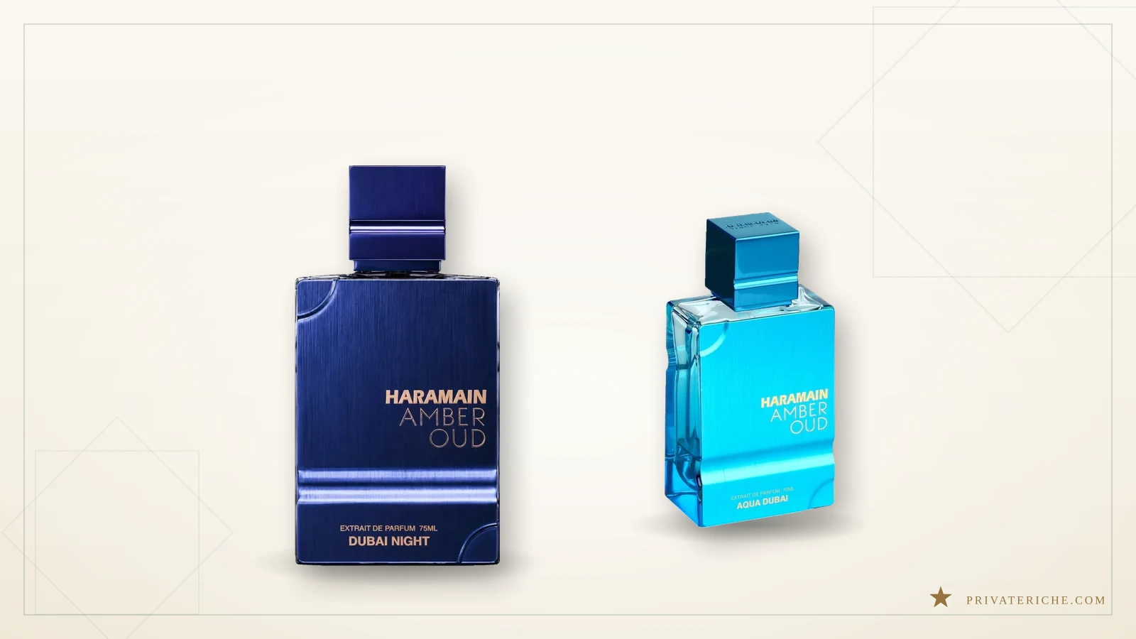 Amber Oud Dubai Night y Amber Oud Aqua Dubai de Al Haramain, los dos extrait de la línea con perfiles opuestos