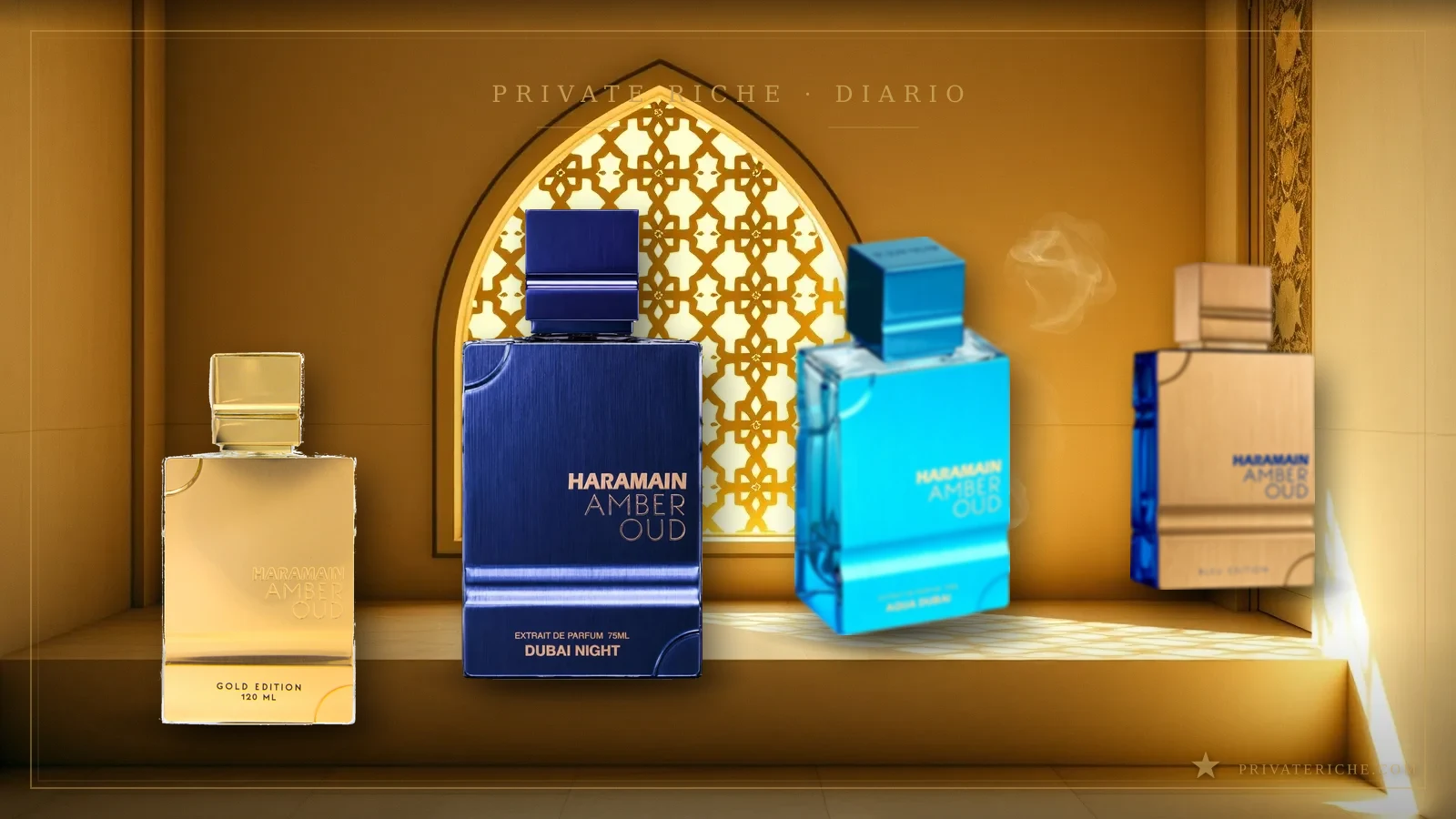 Amber Oud Gold Edition, Dubai Night, Aqua Dubai y Bleu Edition de Al Haramain, las cuatro ediciones de la línea que vendemos, sobre un fondo dorado de celosía árabe iluminada