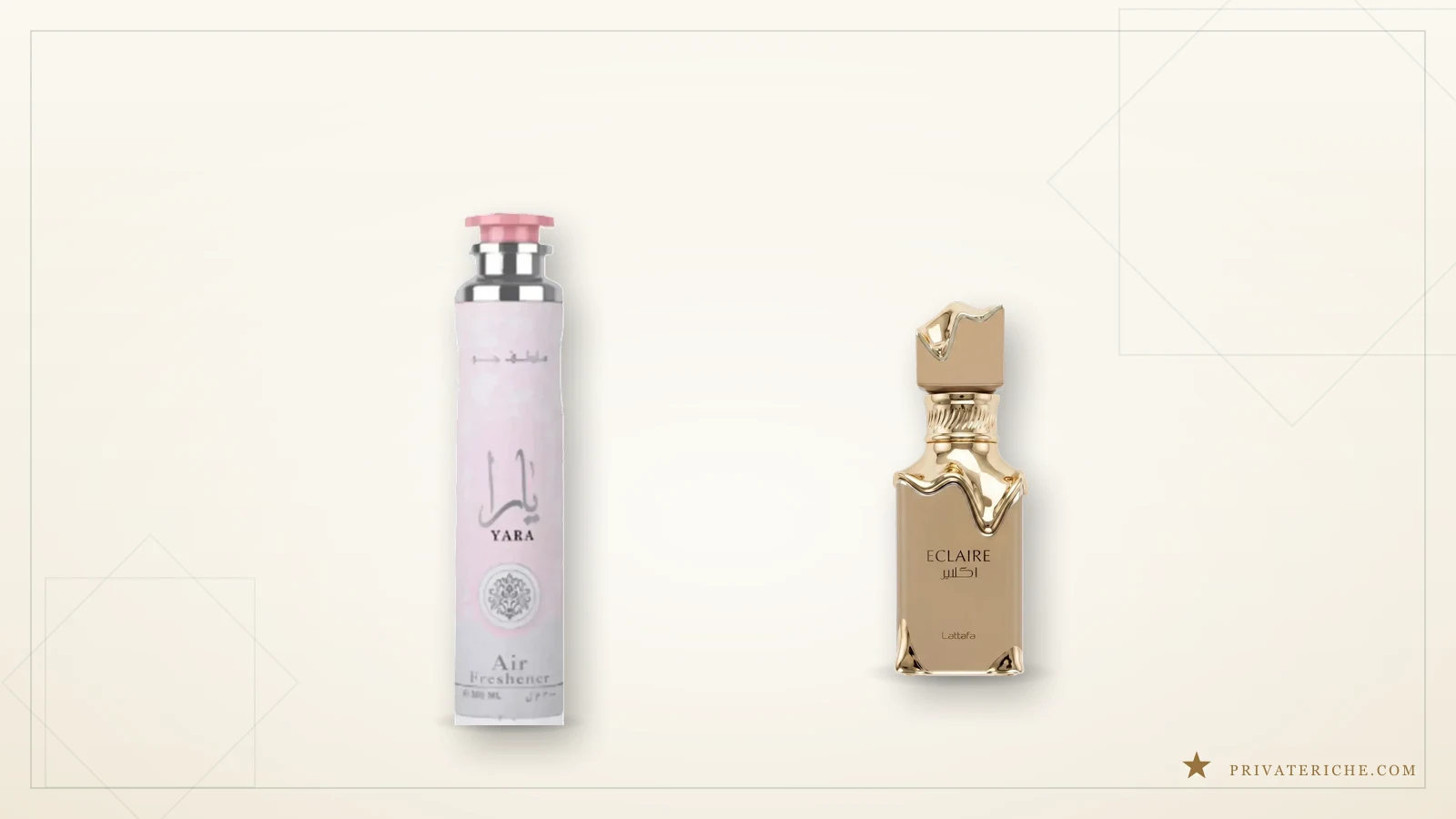 Ambientador árabe Yara de Lattafa junto al eau de parfum Eclaire sobre fondo crema