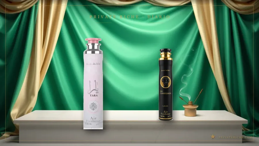 Ambientadores árabes en spray Yara y His Confession de Lattafa sobre un fondo de seda verde esmeralda con motivo de estrella dorada