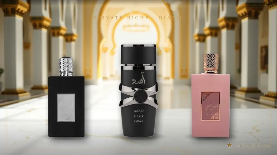 Asdaaf Ameer Al Arab, Lattafa Asad Elixir y Asdaaf Ameerat Al Arab Prive Rose, tres perfumes árabes por menos de 30 € para el amigo invisible, sobre fondo verde y dorado de Private Riche