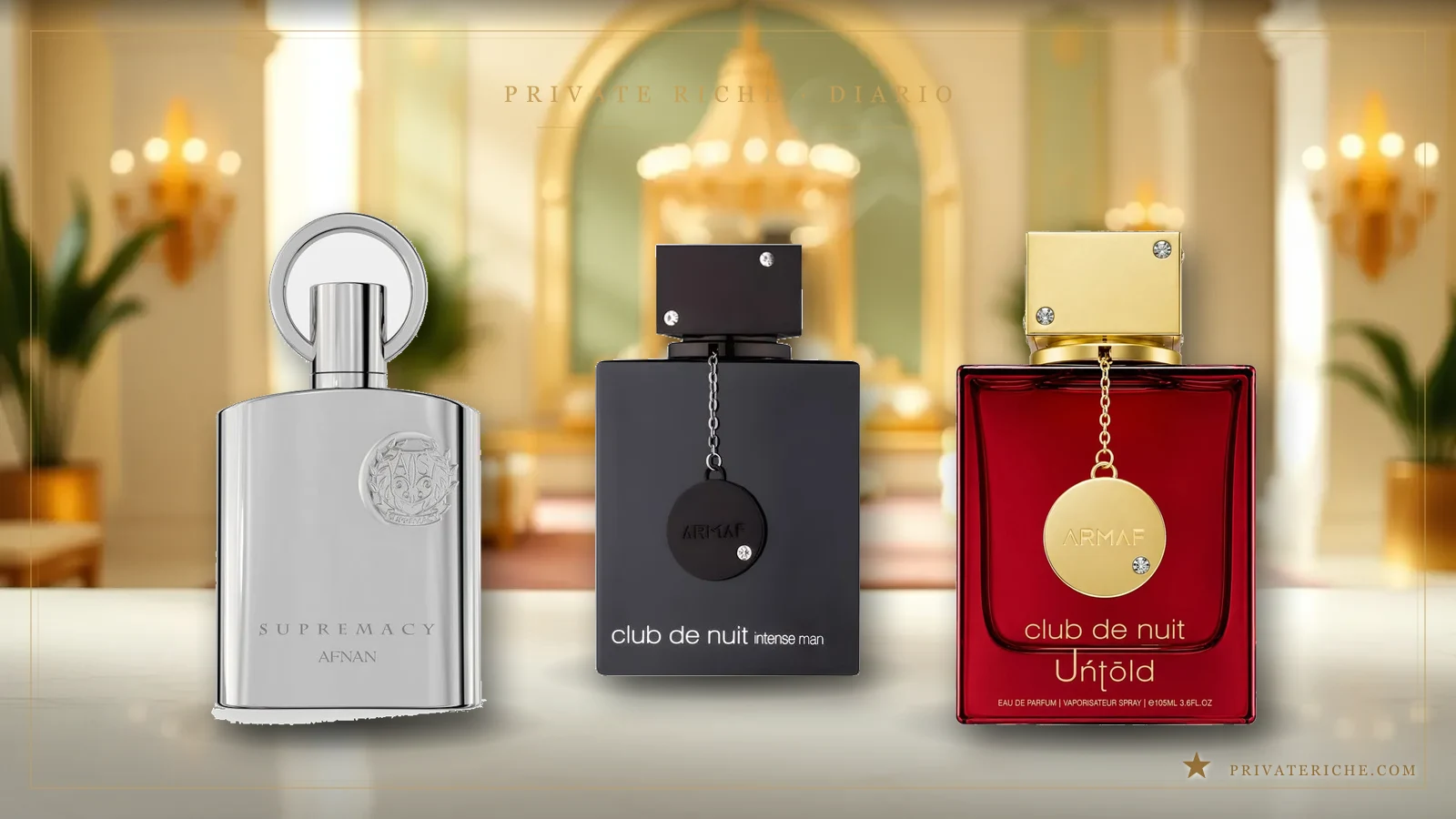 Frascos de Afnan Supremacy Silver, Armaf Club de Nuit Intense Man y Armaf Club de Nuit Untold, tres de los perfumes árabes analizados nota a nota en este estudio