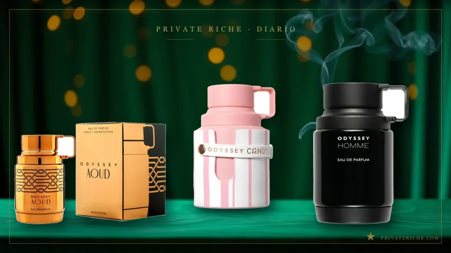 Armaf Odyssey Aoud, Odyssey Candee y Odyssey Homme, tres perfumes de la línea Odyssey en su característico frasco termo, sobre fondo verde de marca