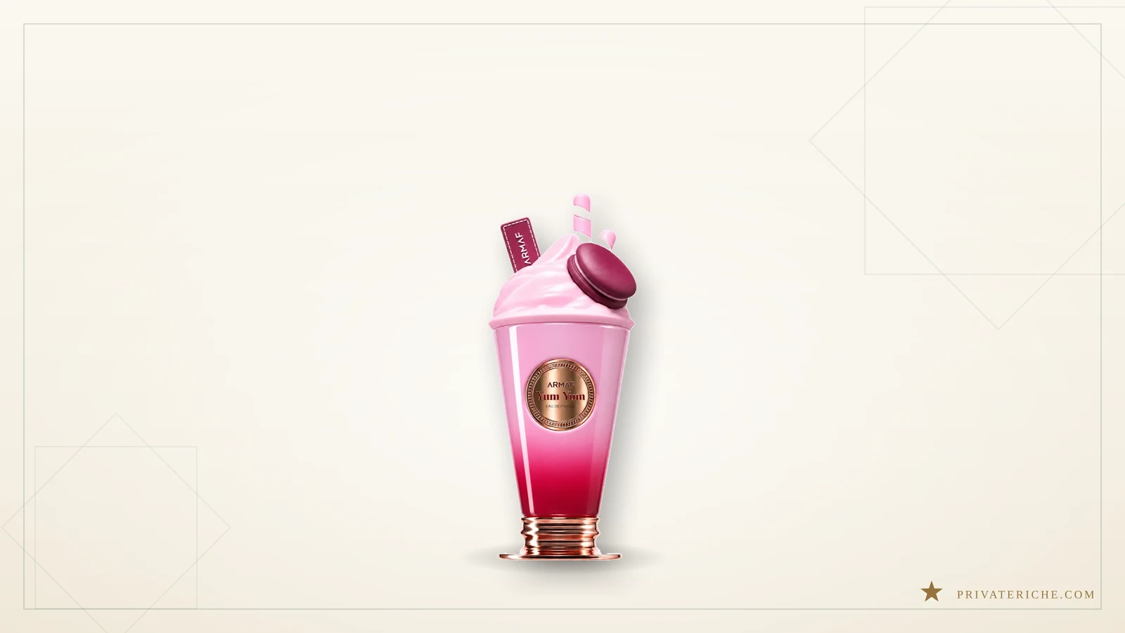 Armaf Yum Yum, perfume afrutado con rosa y vainilla en frasco con forma de batido