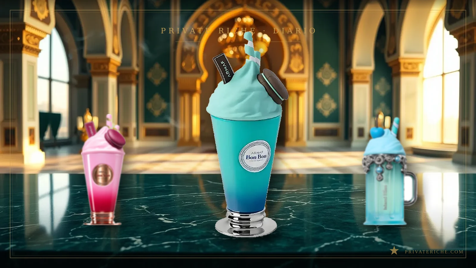 Yum Yum, Bon Bon e Island Bliss de Armaf, los tres perfumes con forma de batido de la colección Delights, sobre mármol verde en un salón árabe