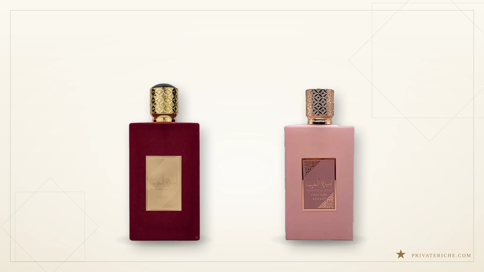 Asdaaf Ameerat Al Arab y Ameerat Al Arab Prive Rose, las dos versiones femeninas de la línea Al Arab, una cítrica y otra floral con rosa