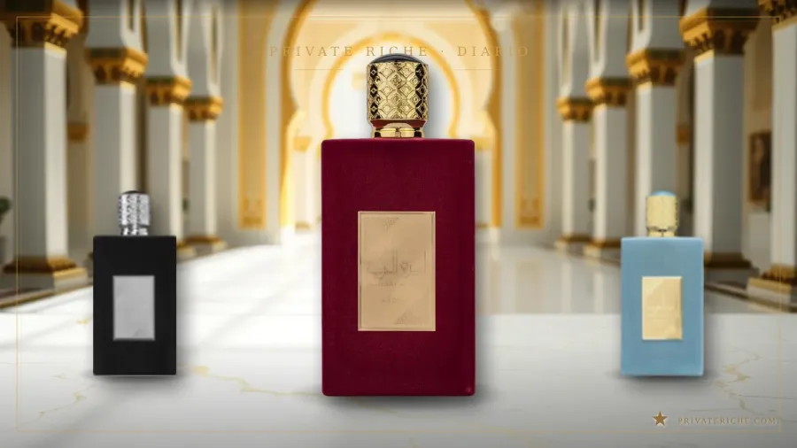 Asdaaf Ameer Al Arab, Ameerat Al Arab y Ameer Al Arab Imperium, tres perfumes árabes de la línea Al Arab, sobre fondo verde de marca con motivo de estrella dorada