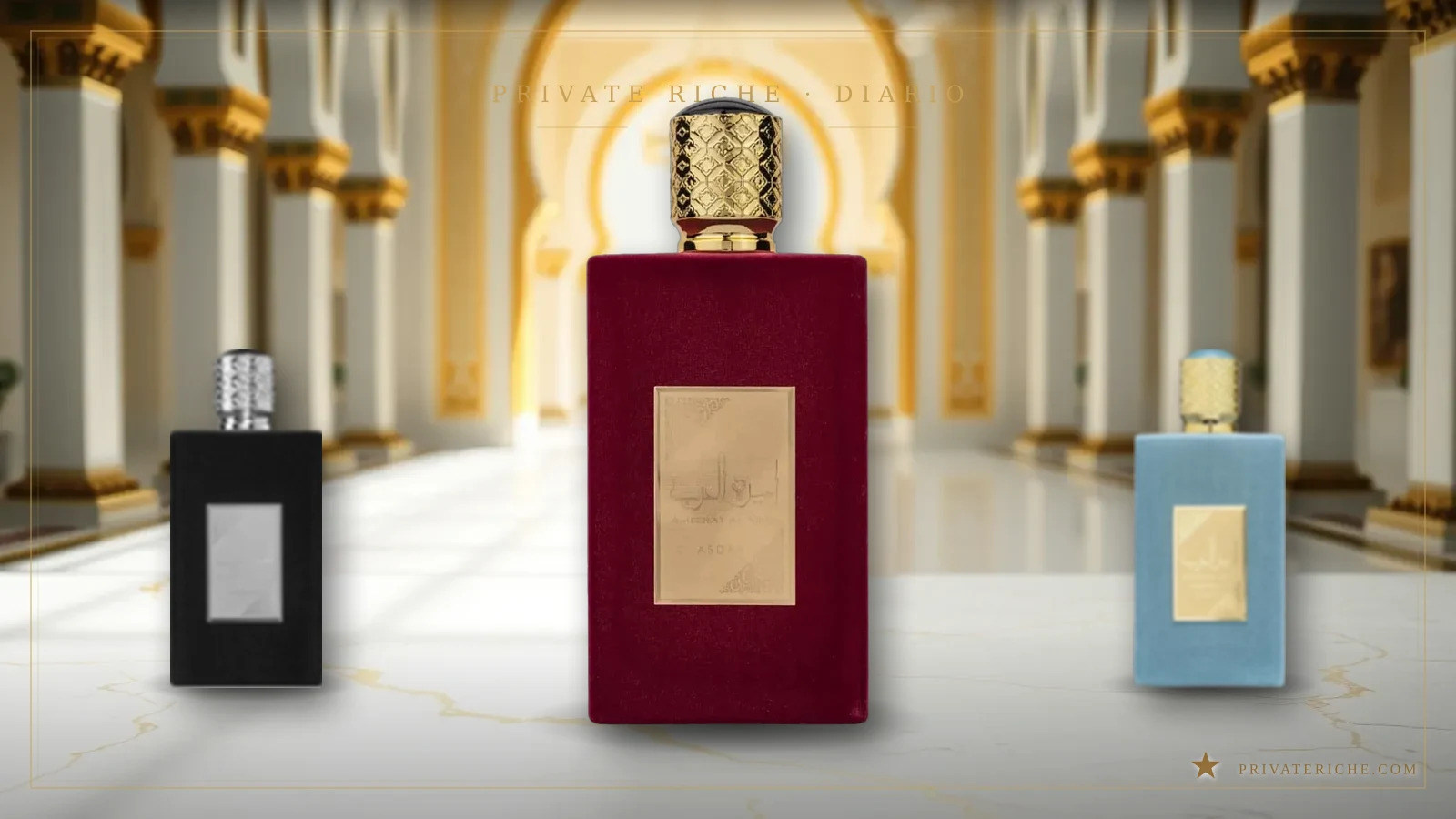 Asdaaf Ameer Al Arab, Ameerat Al Arab y Ameer Al Arab Imperium, tres perfumes árabes de la línea Al Arab, sobre fondo verde de marca con motivo de estrella dorada