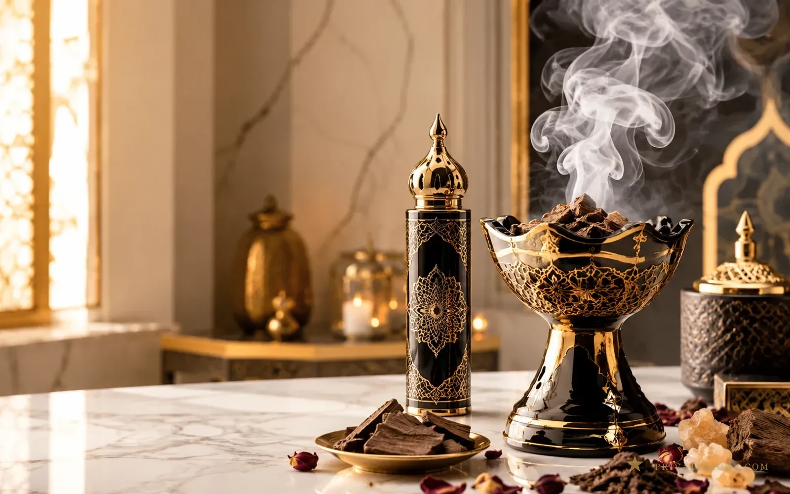 Mabkhara árabe de cerámica negra y dorada quemando bakhoor con humo aromático, junto a un frasco de perfume oriental y astillas de oud sobre mármol blanco