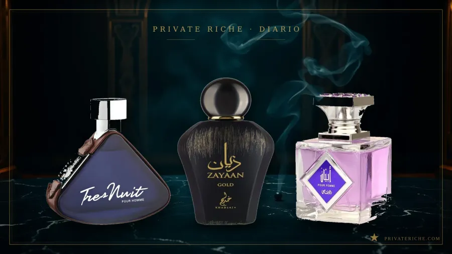 Frascos de Armaf Tres Nuit, Khadlaj Zayaan Gold y Rasasi Abyan for Her sobre mármol crema y dorado, tres perfumes árabes para tener en el radar en Black Friday