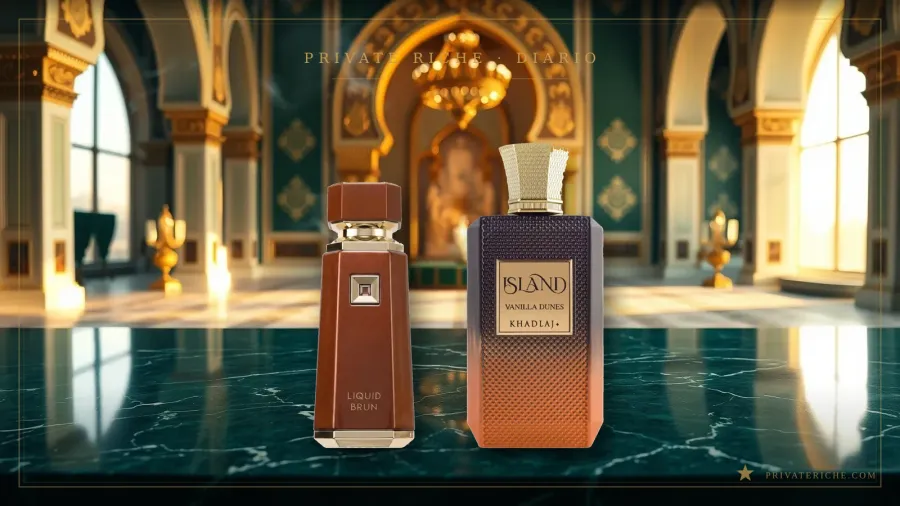 Liquid Brun de French Avenue e Island Vanilla Dunes de Khadlaj, los dos clones más cercanos a Althair de Parfums de Marly, sobre fondo de marca