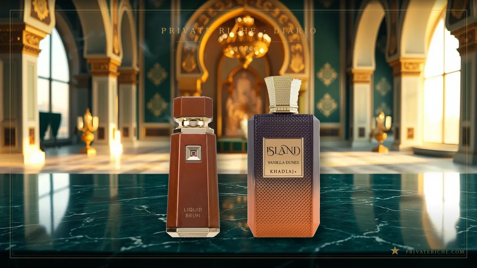 Liquid Brun de French Avenue e Island Vanilla Dunes de Khadlaj, los dos clones más cercanos a Althair de Parfums de Marly, sobre fondo de marca