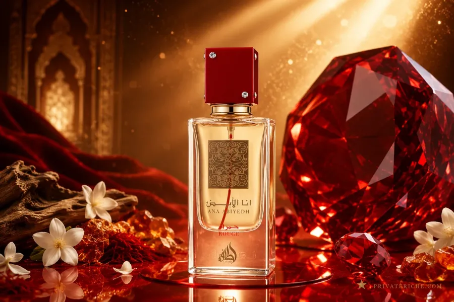 Frasco de Ana Abiyedh Rouge de Lattafa, el clon árabe de Baccarat Rouge 540, con azafrán, jazmín y madera de agar en una ambientación dorada y roja de perfumería árabe de lujo
