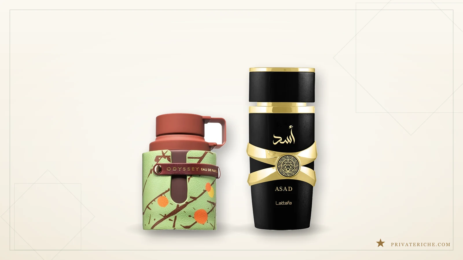 Odyssey Dubai Chocolat de Armaf y Asad de Lattafa, las otras dos vías del café, sobre fondo crema