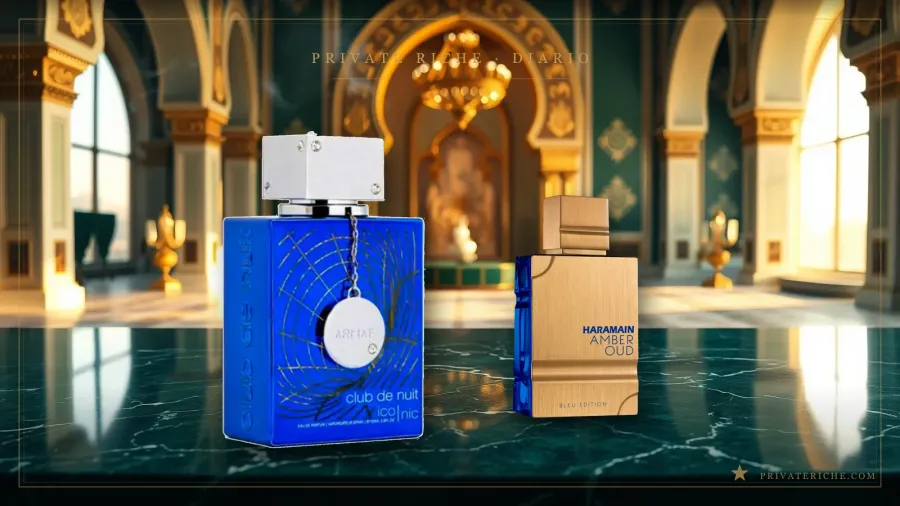 Club de Nuit Iconic de Armaf y Amber Oud Bleu Edition de Al Haramain, las dos alternativas árabes a Bleu de Chanel, sobre fondo de marca