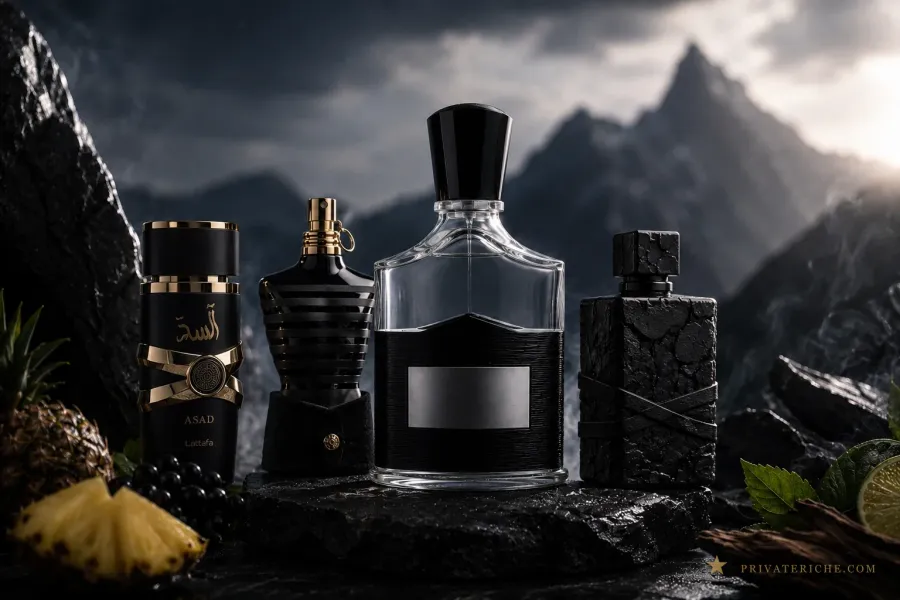 Asad de Lattafa junto a otros frascos de perfume oscuros sin marca en una ambientación de montaña nocturna, con piña, uvas y cítricos