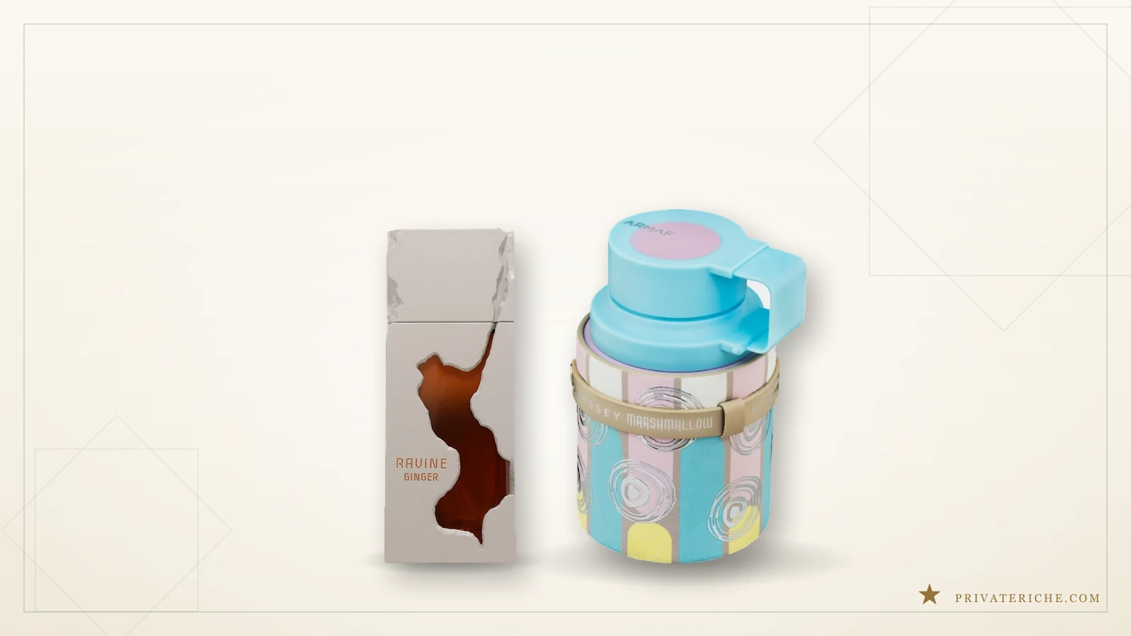 Ravine Ginger de French Avenue y Odyssey Marshmallow de Armaf, las dos alternativas de conjunto, sobre fondo crema
