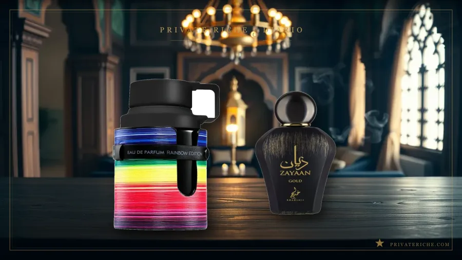Odyssey Spectra de Armaf y Zayaan Gold de Khadlaj, las alternativas árabes a Le Male, sobre fondo de marca