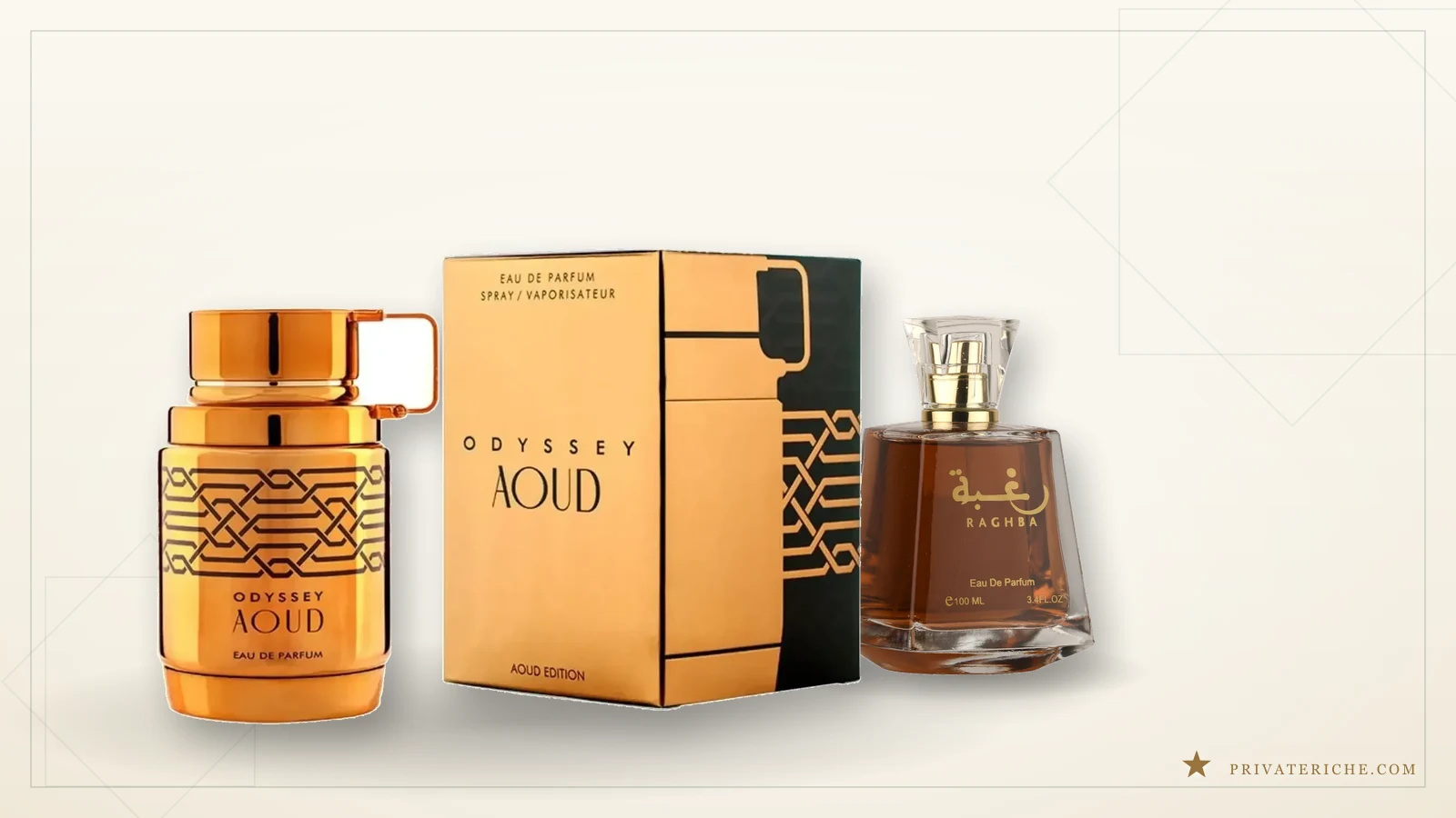 Odyssey Aoud de Armaf y Raghba de Lattafa, el tercero del podio y la vía económica, sobre fondo crema
