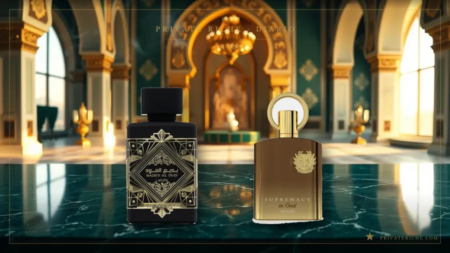 Oud For Glory de Lattafa y Supremacy in Oud de Afnan, las alternativas árabes a Oud for Greatness, sobre fondo de marca