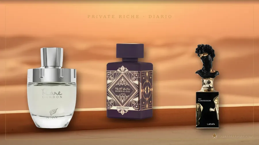 Rare Carbon de Afnan, Bade'e Al Oud Amethyst de Lattafa e His Confession de Lattafa, los tres candidatos a clon de Oud Satin Mood de Maison Francis Kurkdjian, sobre fondo de marca