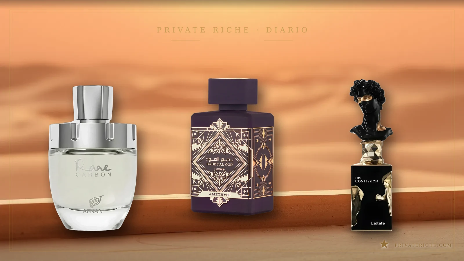 Rare Carbon de Afnan, Bade'e Al Oud Amethyst de Lattafa e His Confession de Lattafa, los tres candidatos a clon de Oud Satin Mood de Maison Francis Kurkdjian, sobre fondo de marca