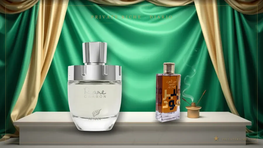 Rare Carbon de Afnan y Ameer Al Oudh Intense de Lattafa, las alternativas árabes a Tom Ford Oud Wood, sobre fondo de marca