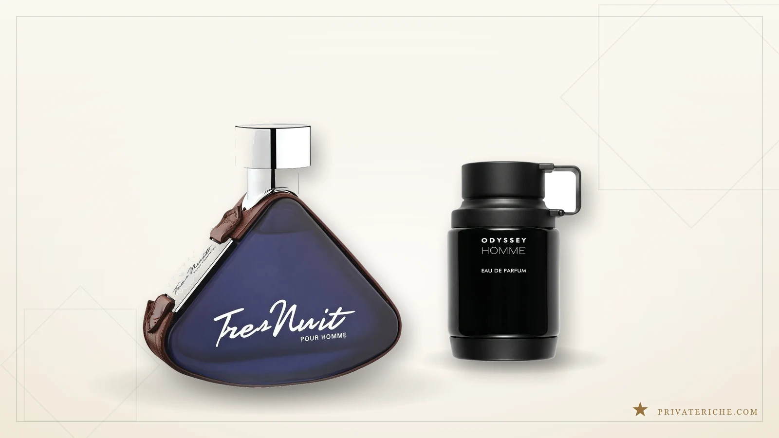 Tres Nuit y Odyssey Homme de Armaf, otras dos alternativas a Santal 33, sobre fondo crema