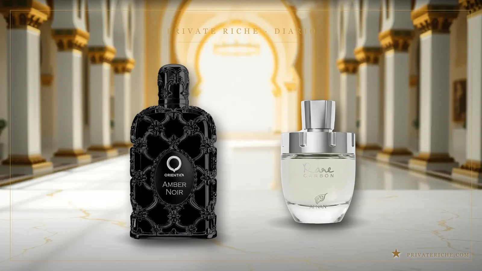 Amber Noir de Orientica y Rare Carbon de Afnan, las alternativas árabes más cercanas a Santal 33 de Le Labo, sobre fondo de marca