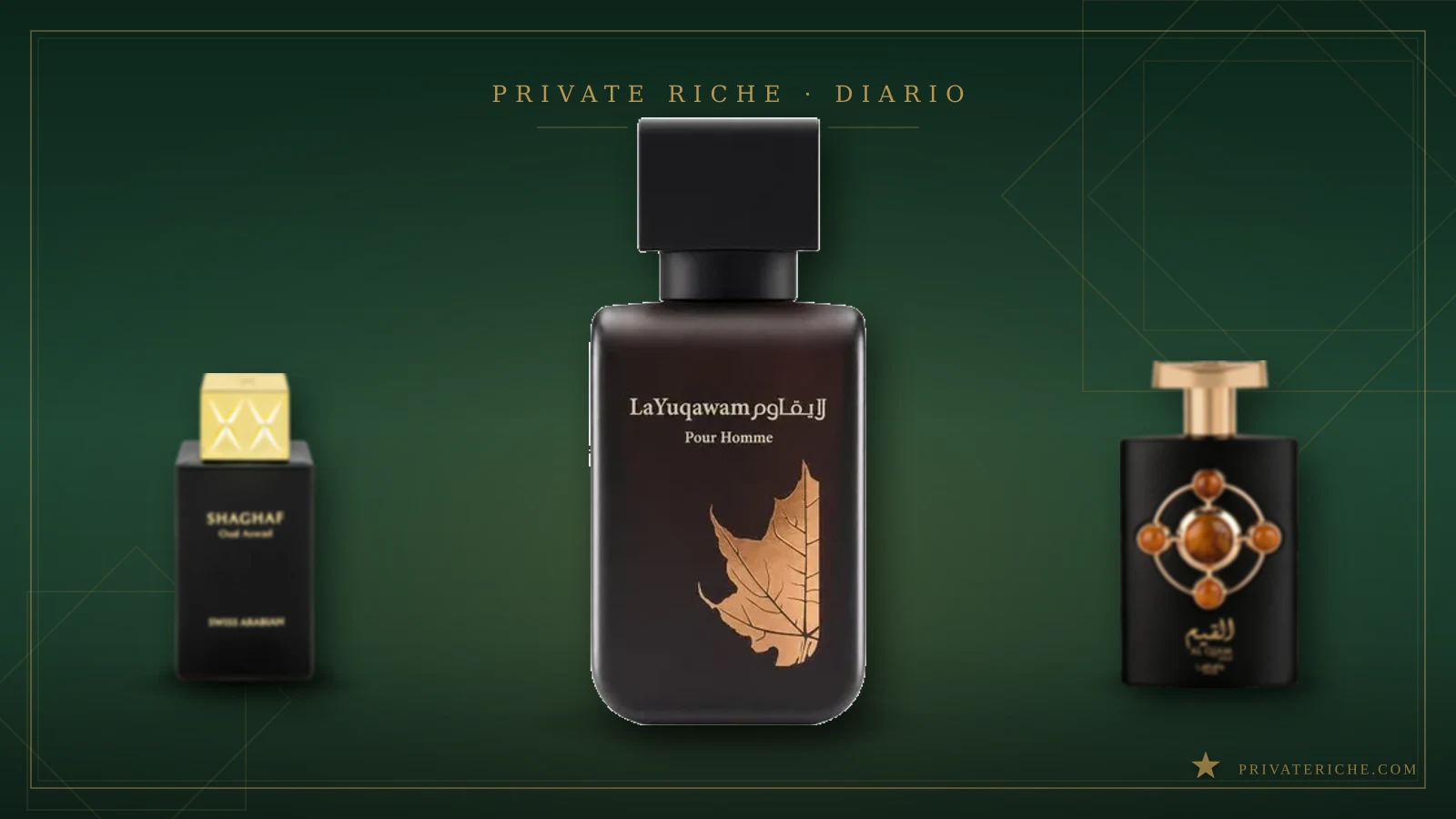 Rasasi La Yuqawam, Swiss Arabian Shaghaf Oud Aswad y Lattafa Al Qiam Gold, las tres alternativas árabes a Tom Ford Tuscan Leather, sobre fondo de marca