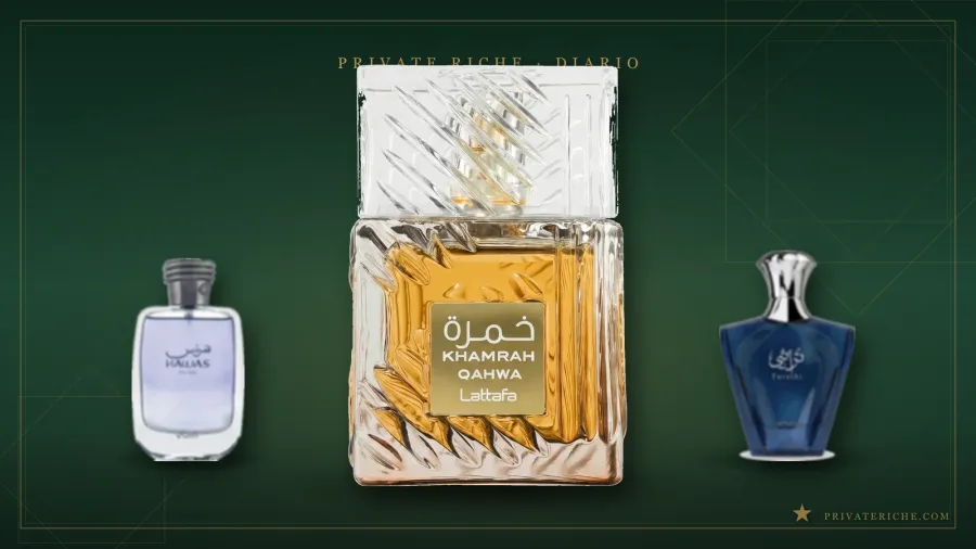 Rasasi Hawas, Lattafa Khamrah Qahwa y Afnan Turathi Blue, tres perfumes árabes de distinta concentración, sobre fondo verde y dorado de Private Riche