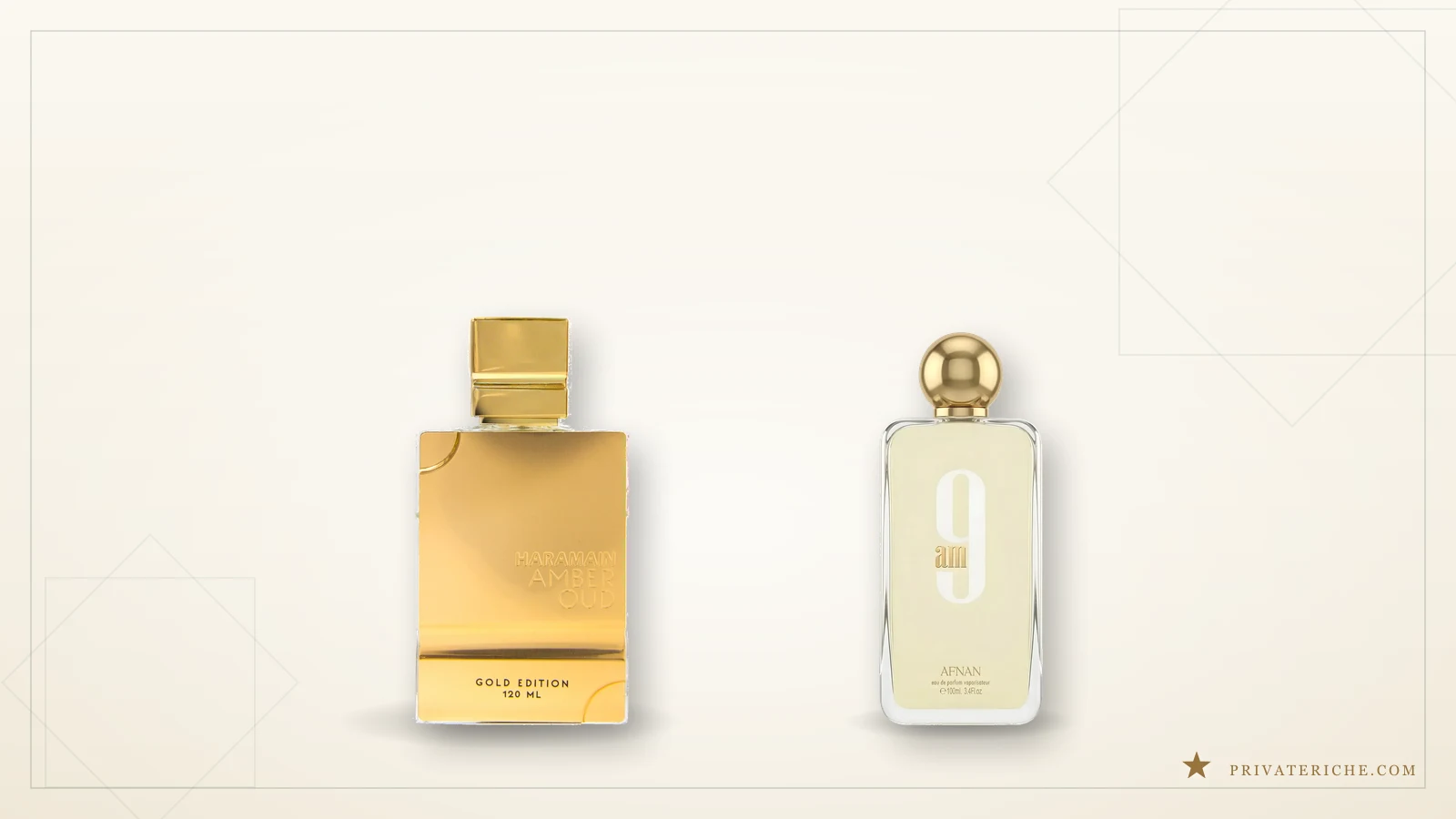Al Haramain Amber Oud Gold Edition y Afnan 9AM, un oriental denso y un cítrico ligero, ejemplos de cómo la densidad de la fórmula cambia la conservación