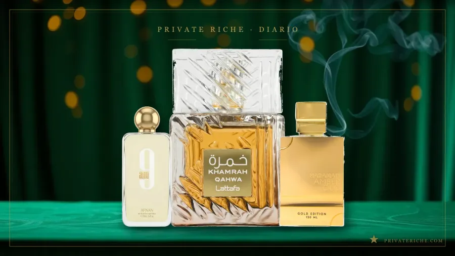 Afnan 9AM, Lattafa Khamrah Qahwa y Al Haramain Amber Oud Gold Edition, tres perfumes árabes de distinta densidad, sobre fondo de Private Riche