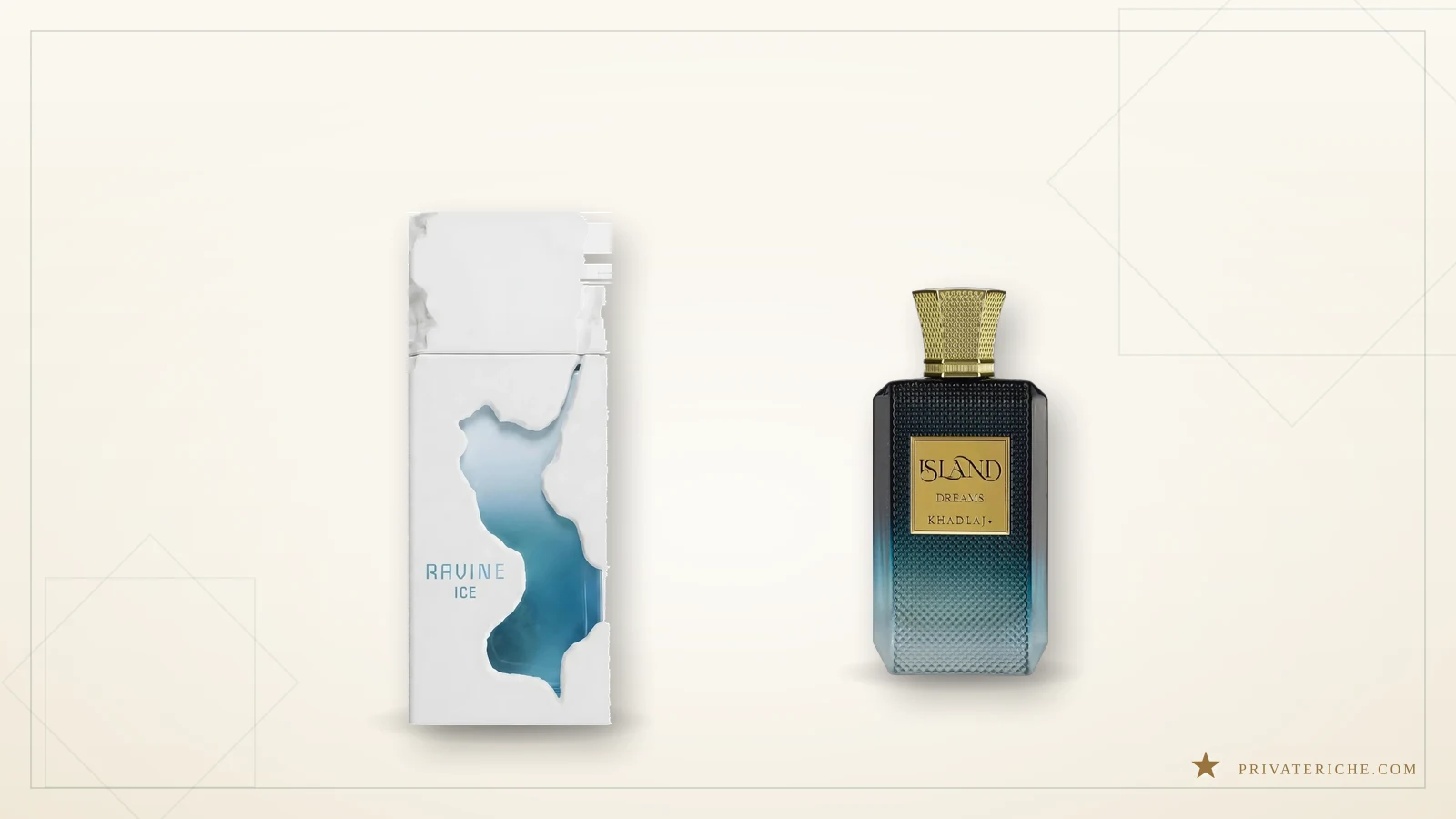 Frascos de Ravine Ice, de French Avenue, e Island Dreams, de Khadlaj, dos perfumes árabes originales con caja y frasco a juego
