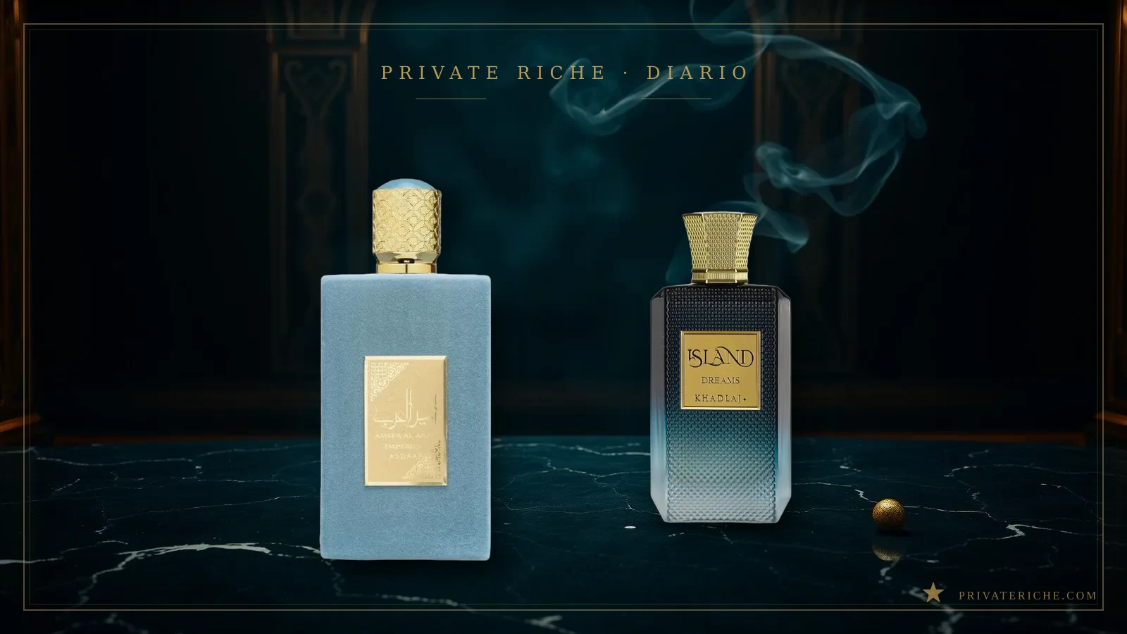 Ameer Al Arab Imperium, de Asdaaf, e Island Dreams, de Khadlaj, dos frascos de perfume árabe originales sobre un fondo de perfumería árabe de lujo