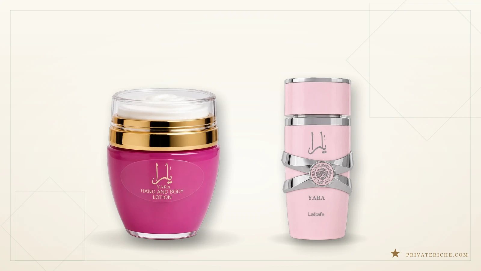 Crema árabe perfumada Yara, de Lattafa, junto al eau de parfum Yara, el perfume del que toma el aroma