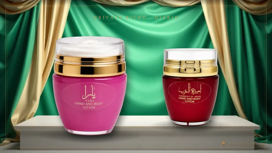 Las cremas árabes perfumadas Yara, de Lattafa, y Ameerat Al Arab, de Asdaaf, sobre fondo verde de marca con motivo de estrella dorada